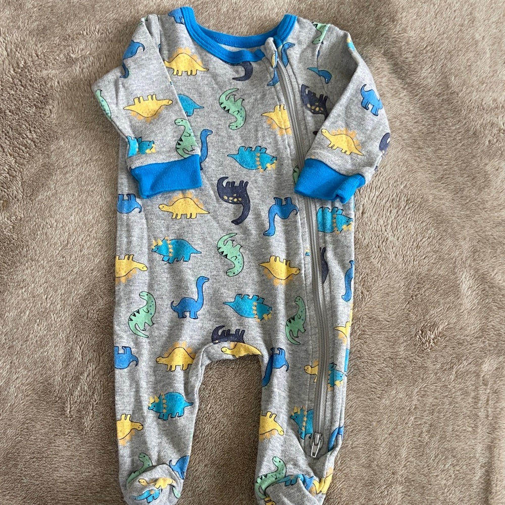 Koala Kids Grey Footie with Blue Trim and Multicolor Dinosaur Print